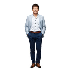 Fototapeta premium Full Body Portrait of Confident Young Asian Businessman in Smart Casual Blazer Isolated on White Background
