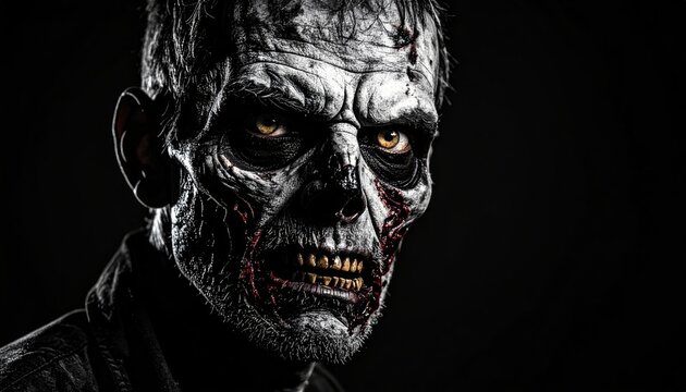 Creepy zombie portrait with menacing look and scary appearance against a black background
