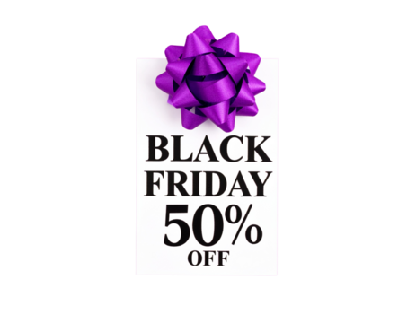 Black Friday Price Tag with Purple Bow and Discount Label, Top-Down Flat Lay Style, Isolated