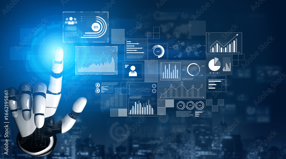 Poster ai interacts with data analytics dashboard, reading trends, improving decisions, and enhancing insig