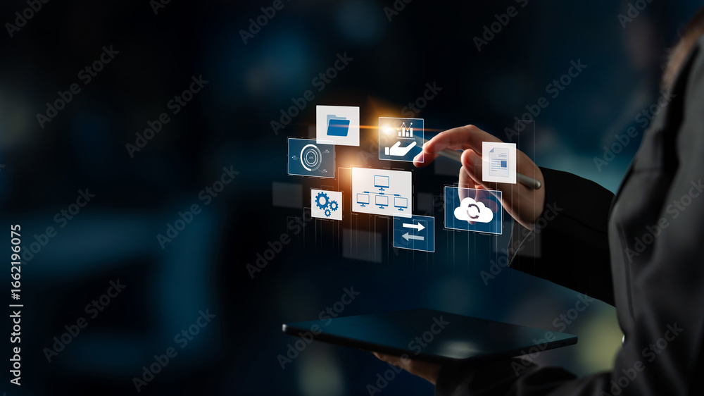 Poster digital business infrastructure with data system, analytics, sync. system management improves access