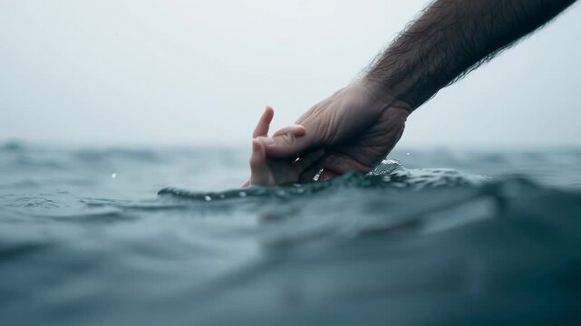Lifeguard reaches out to save drowning child in the ocean during a stormy day