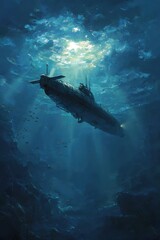 Fototapeta premium Submarine Ascending Through Deep Blue Ocean Waters with Sunlit Surface