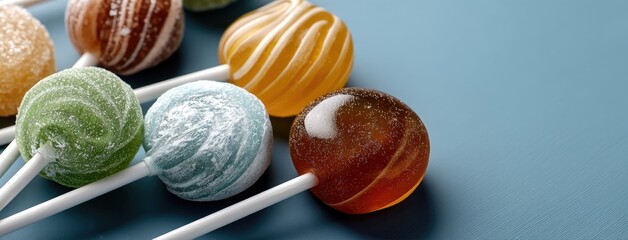 Colorful lollipops arranged on a blue background highlighting various flavors and textures, creating a vibrant and appealing display of sweets