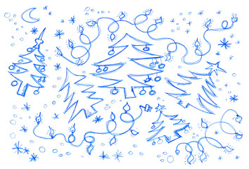 Hand drawn set symbols Christmas, doodle icons