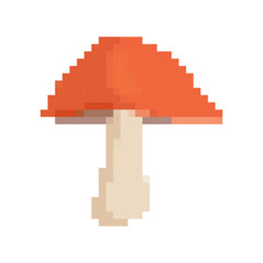 Pixel art icon of a red mushroom with a beige stem in vibrant retro 8 bit mosaic style.