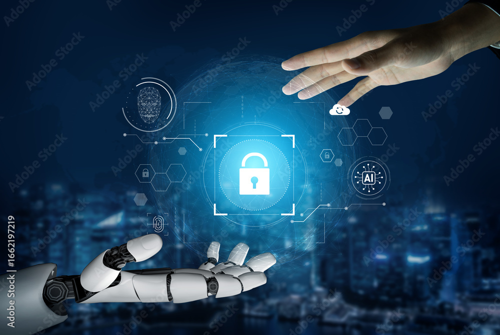 Poster ai monitoring cybersecurity, verifying biometric access, analyzing identity patterns, and securing d