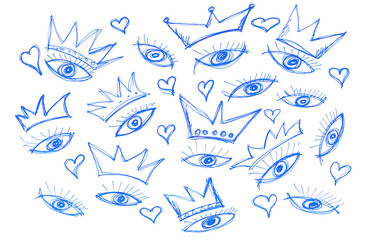 Set hand drawn eyes and crown, doodle icons