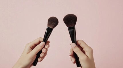 Hands holding makeup brushes against a pink background