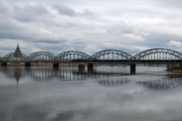 Riga City Train Bridge, With the Academy of Sciences and Arts in the background. Latvia