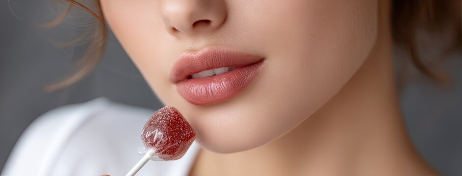 Close-up of a young woman holding a lollipop near her lips in a softly lit indoor setting, capturing a playful moment during the day