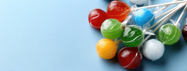 Fototapeta premium Colorful lollipops arranged on a blue background evoke a sense of joy and childhood nostalgia during a festive occasion or celebration