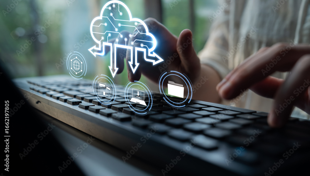 Poster cloud computing enables digital growth with secure data storage, scalable infrastructure, and strate