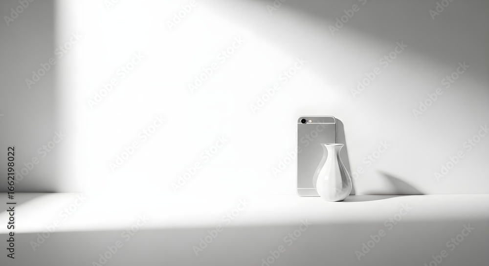 Poster minimalist still life - white vases and rectangular object in bright light.