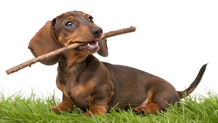 Dachshund with a Stick: A playful dachshund, its smooth, brown coat gleaming, joyfully grips a wooden stick amidst a field of vibrant green grass.AI GENERATED.