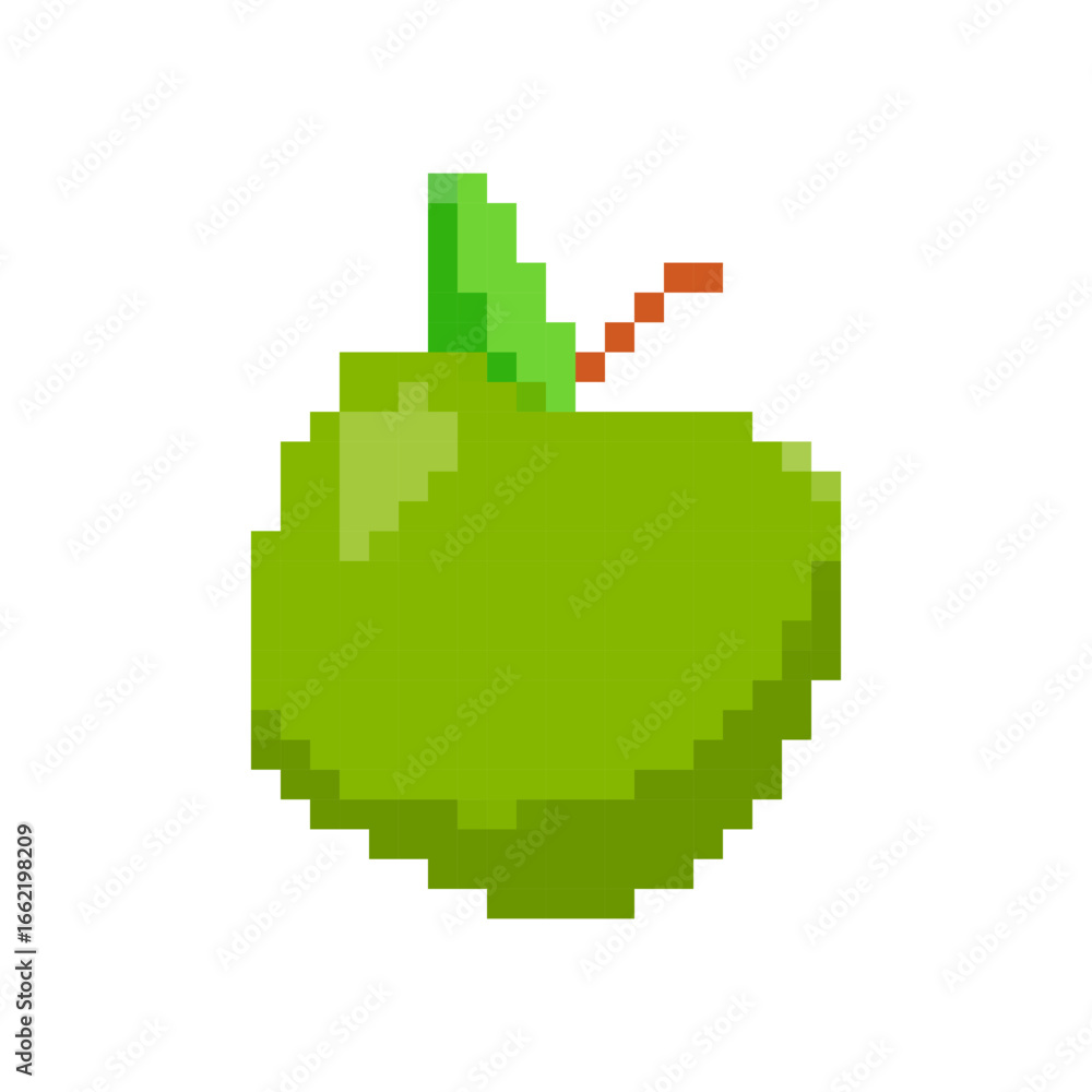 Poster pixelated green apple icon in retro 8 bit style. depicts a vibrant apple with simple block design.