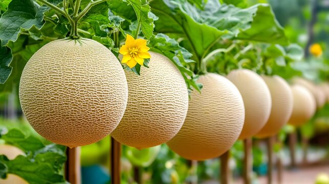 Ripe Cantaloupe Melons Growing on Vine in Garden