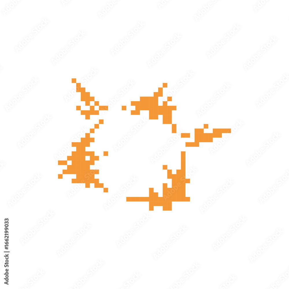 Poster orange fire symbol in retro 8 bit game style with mosaic pixel elements and dynamic design.
