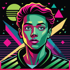 Retro synthwave portrait of a young man with vibrant colors