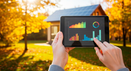 A person uses a tablet with a smart home app to monitor and control energy efficiency and consumption
