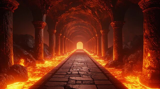 崩れかけた神殿のマグマ通路を一人称視点で進む映像｜ファンタジーダンジョン風(First-Person View of a Crumbling Temple Corridor Surrounded by Magma | Fantasy Dungeon Style))