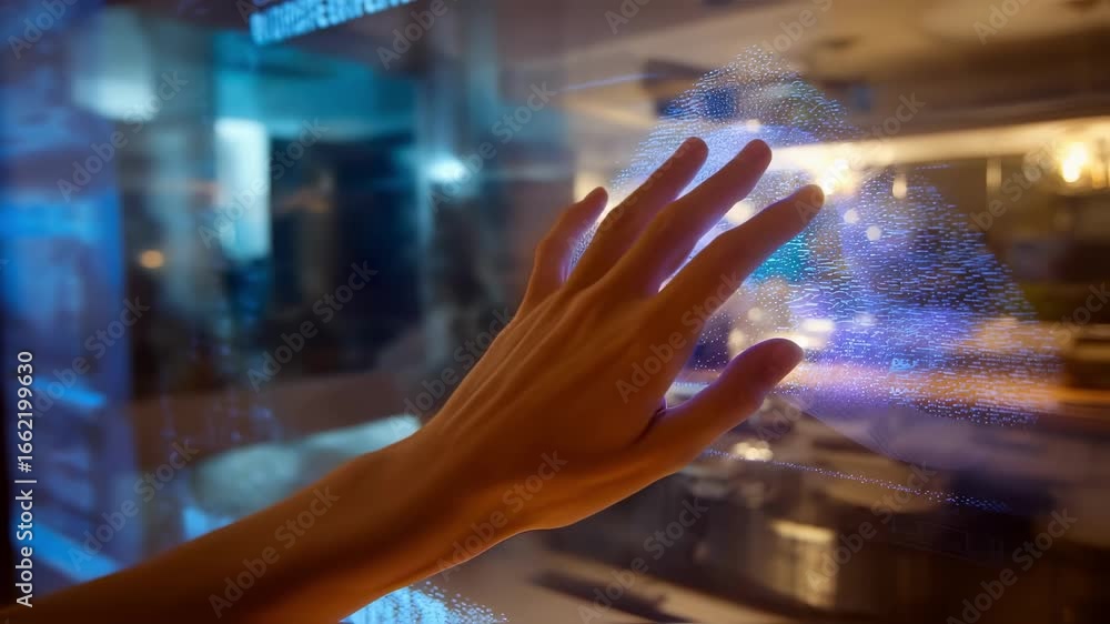 Poster Medium framing of a hand interacting with a touch panel on a futuristic sleep pod highlighting the brain wave monitoring feature with a gently blurred café atmosphere behind.
