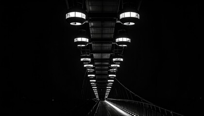 Illuminated bridge with lights and shadows at night in black and white