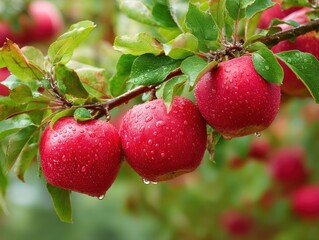Obraz premium Three ripe red apples hang from a branch with green leaves, covered in fresh water droplets after rain