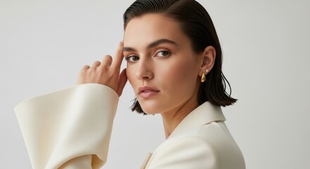 Elegant caucasian female in stylish attire with short dark hair and gold jewelry