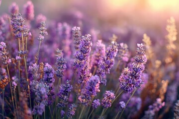 Lavender flowers in full bloom bathed in soft sunlight, creating a tranquil and aromatic summer scene