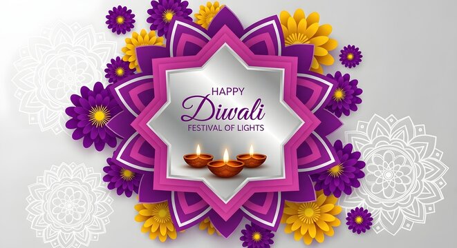 Happy diwali greeting card featuring illuminated diyas, floral motifs, and decorative patterns, symbolizing the festival of lights and good wishes