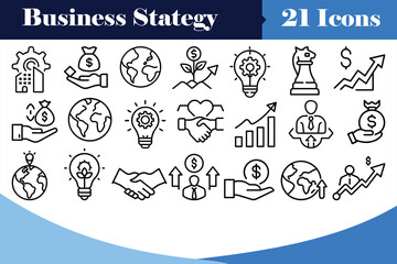 Business Development Strategy Icons – Teamwork, Marketing, Finance, Leadership, Global Planning and Corporate Success