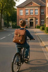 Schuljunge mit Ranzen / Schulmappe und Fahrrad auf dem Weg zur Schule