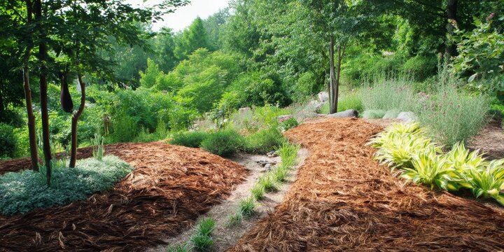 Serene forest path surrounded by lush greenery and mulch.
