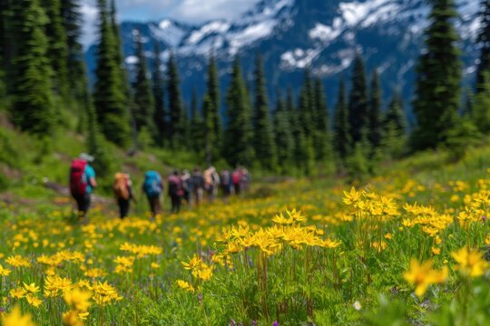 A group of hikers walks through a vibrant alpine meadow filled with yellow wildflowers, surrounded by pine trees and snow-capped mountains