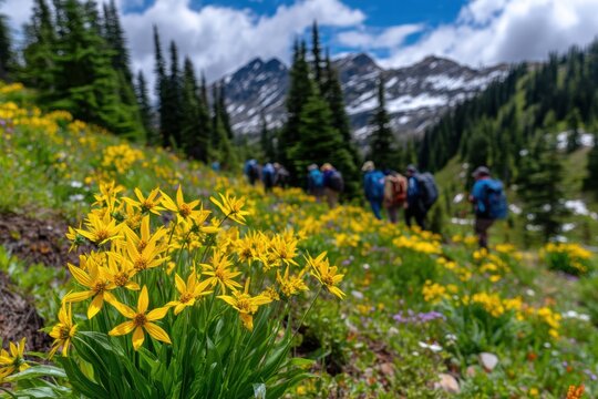 A group of hikers walk through a vibrant alpine meadow filled with yellow wildflowers, surrounded by evergreen trees and distant snow-capped mountains under a blue sky