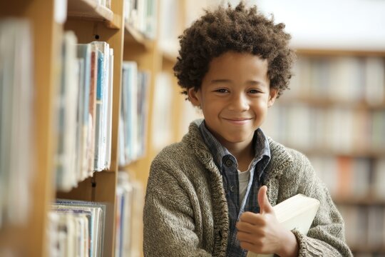 Smiling child holding a book in a library, giving a thumbs up while standing between bookshelves