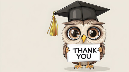 Adorable cartoon owl with graduation cap holding thank you sign for educational celebration