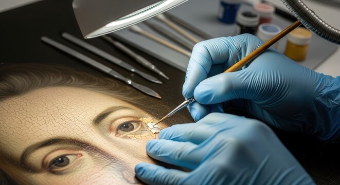 An artist wearing blue gloves meticulously restores an old painting, focusing on the delicate details of a womans face with specialized tools