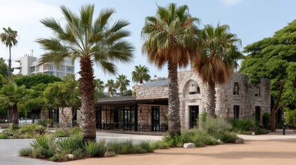 Fototapeta premium Historic stone building with palm trees in a vibrant urban park showcasing modern architecture and lush greenery in mid-afternoon sunlight