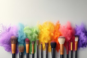 Makeup brushes arranged in a row with vibrant colored powder clouds exploding behind them in a rainbow spectrum