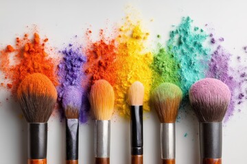 Colorful makeup brushes arranged in a row with vibrant powder pigments scattered, creating a rainbow effect on a white background