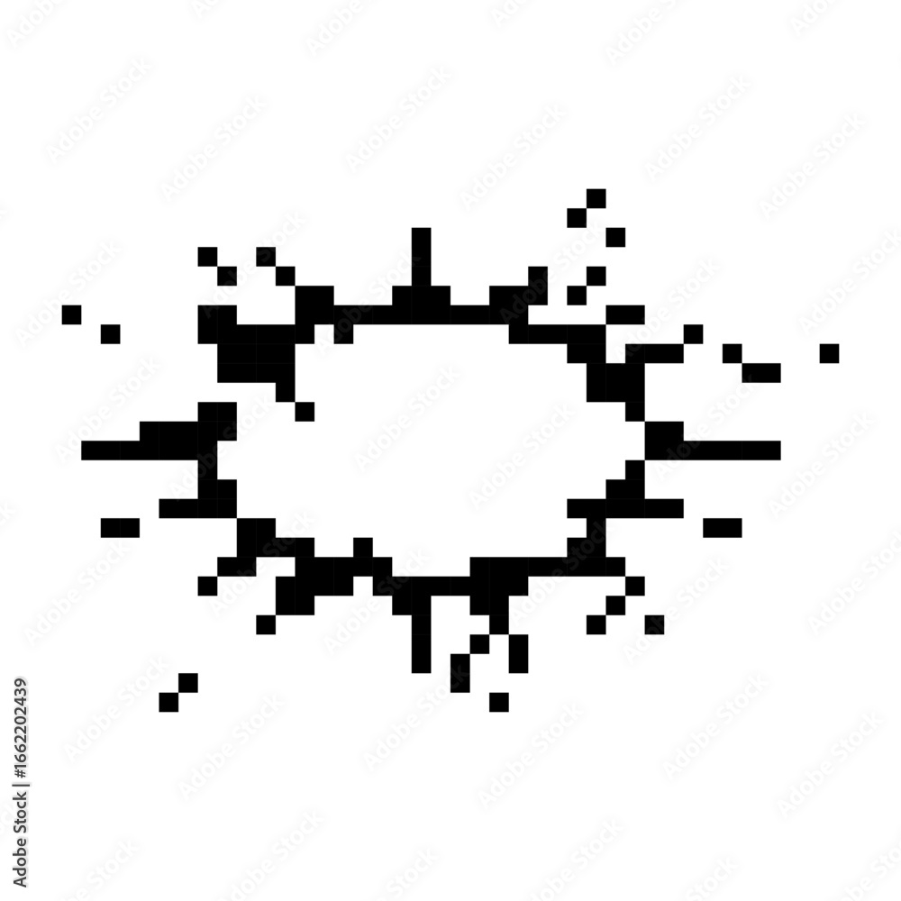 Poster pixel art shows an exploding shape with a starburst look, capturing a retro, 8 bit style.