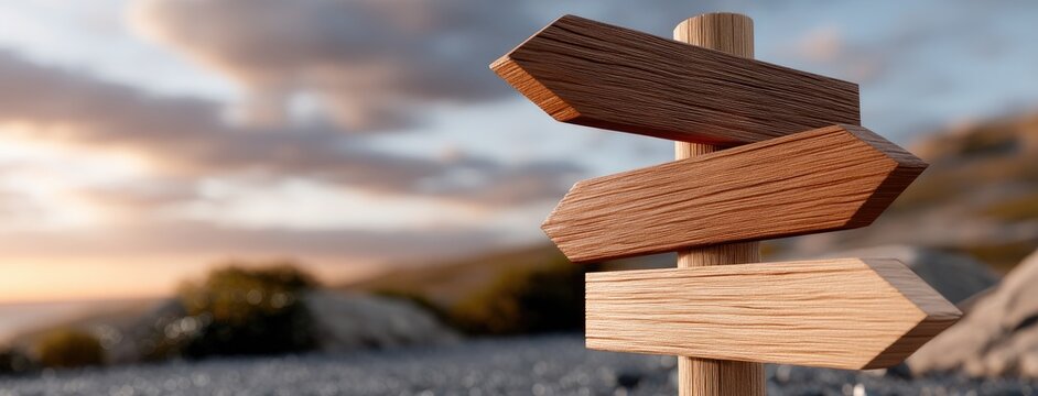 Wooden signpost with multiple arrows pointing in different directions at sunset by rocky terrain