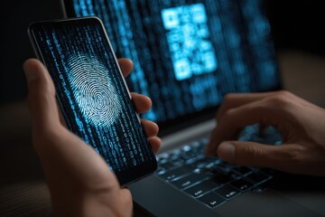 A person's hands hold a phone with a fingerprint overlayed, a laptop keyboard is visible in the foreground. QR codes and binary code are visible on the laptop screen