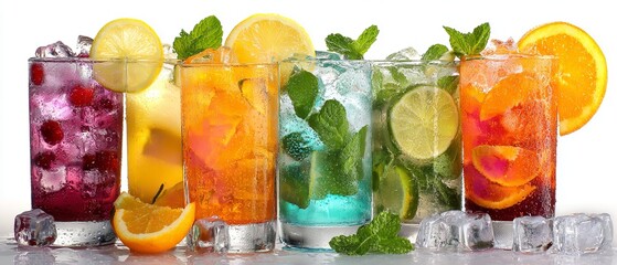 Colorful refreshing drinks in tall glasses arranged on right side against white background, with lemon slices, fruit purees, ice cubes, and vibrant garnishes for summer events