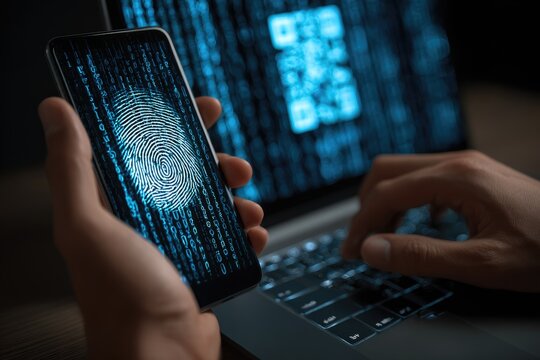 A person's hands hold a phone with a fingerprint overlayed,  a laptop keyboard is visible in the foreground.  QR codes and binary code are visible on the laptop screen