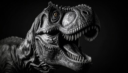 Detailed Black and White Image of a Realistic Tyrannosaurus Rex Dinosaur Head