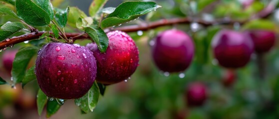Obraz premium Fresh red apples with water droplets hanging from a tree branch in a lush green orchard