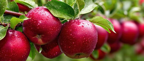 Fresh red apples with water droplets hanging from a tree branch in a lush orchard